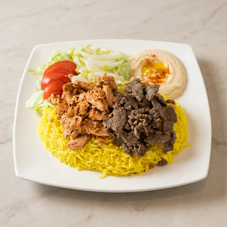 Halal chicken shawarma plate with rice and hummus at Original Shawarma Calgary